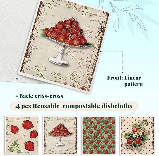 Swedish Dishcloths for Kitchen, Papaya Reusable Paper Towels Washable, Vintage Strawberries Swedish DishCloths for Friut, 4 Pack Dish Towels for Kitchen