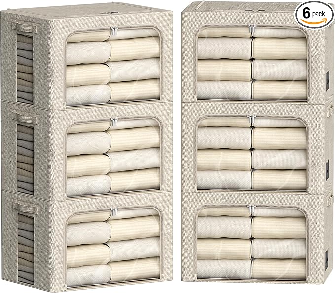 FHSQX 6 Pack Clothes Storage Bins with Metal Frame Foldable Storage Bins for Clothes Linen Fabric Storage Box with Clear Window (Beige, 15.7x11.8x7.8inch(22L))