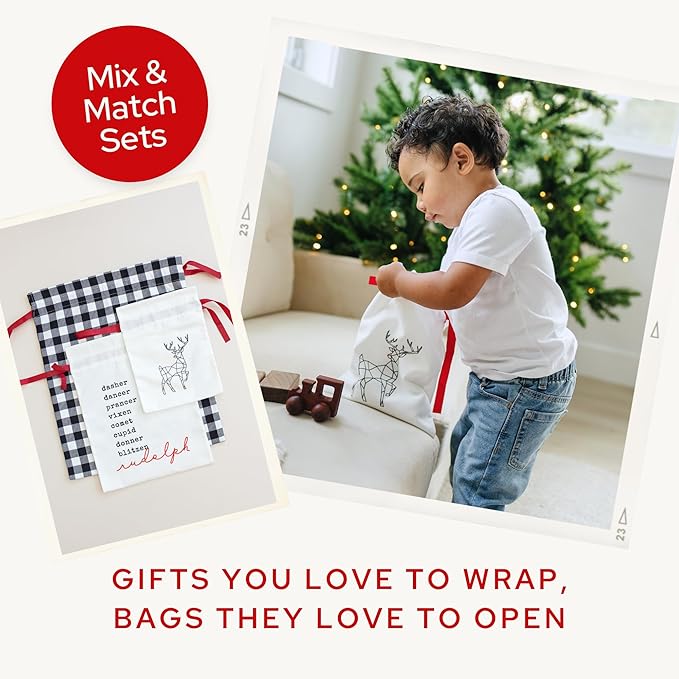 Gather & Knot Drawstring Christmas Gift Bags | 20" Large 16" Medium |Reusable Reindeer Fabric Gift Wrap for Holidays | Mix & Match Set