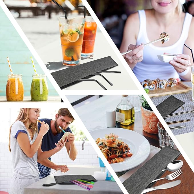 Aosbos Reusable Straws Carrying Case Stainless Steel Straws Pouch Metal Straws Bag Silicone Straws Case Chopsticks Case Portable Cutlery Set POUCH Travel Utensil Sets CARRYING CASE, Grey
