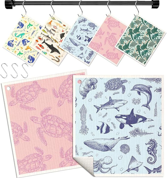 Swedish Dishcloths for Kitchen with Hooks - Reusable Dish Cloths for Washing Dishes Fast Drying Cute Fun 5 Pack Swedish Dish Towels Washable Cleaning Sponge, Deep Sea Fish
