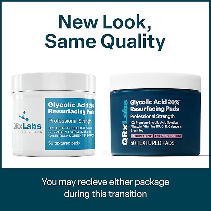 QRxLabs Glycolic Acid Pads - 20% Resurfacing Pads AHA for Face & Body - Exfoliates Skin Surface and Reduces Apperance of Fine Lines and Wrinkles - Daily Pads - 50ct