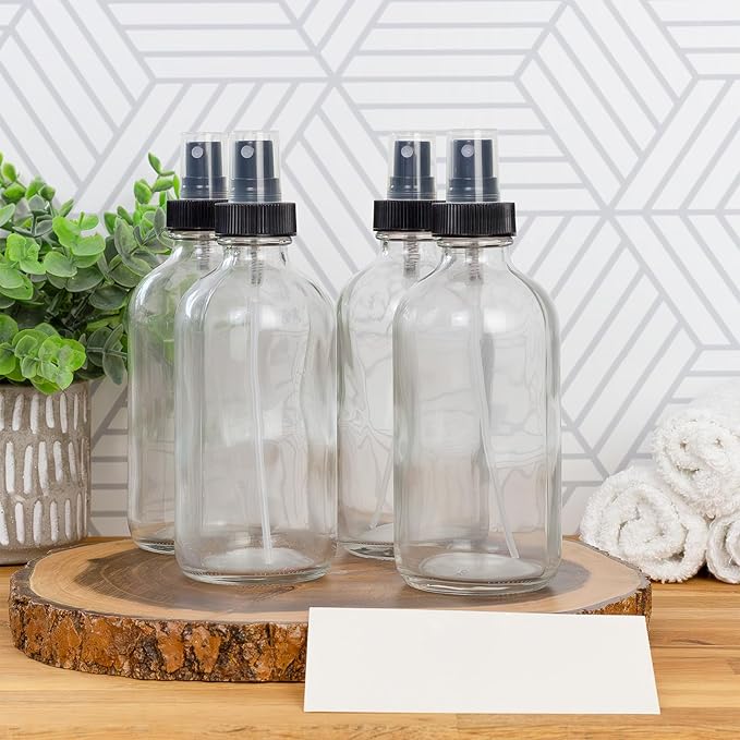 Cornucopia Brands 8-Ounce Clear Glass Fine Mist Spray Bottles (Pack of 4) Boston Round w/Atomizer Spritzers for Aromatherapy Perfume, Cologne, DIY & More