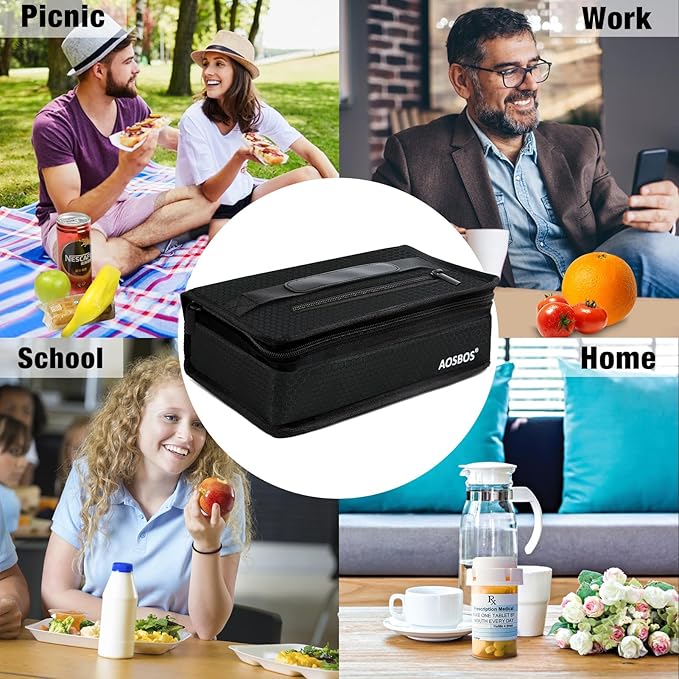 Aosbos Small Insulated Lunch Bag - Compact Lunch Box for Portion Control, Work & Office, Black Honeycomb