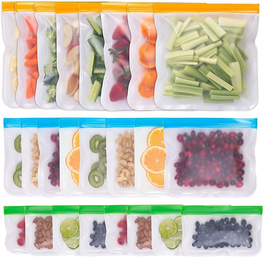 GREENZLA Eco-Friendly Reusable Freezer Bags, 24-Pack Extra Thick and Leakproof Resealable Gallon Bags for Safe Food Storage, Marinating, Snacks, and Meal Prep, Reusable, Non-Toxic, and Freezer Safety