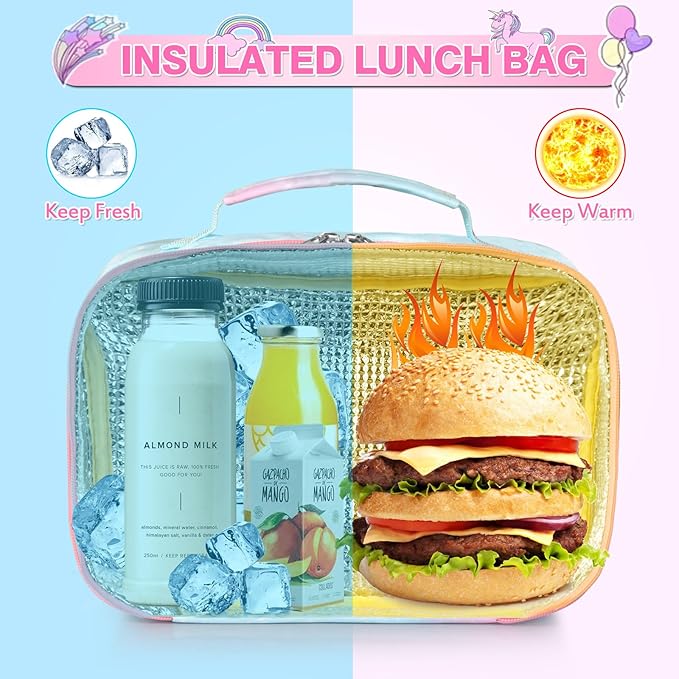 Lunch Box Kids, 11" L x 7" W x 3.5" H, Waterproof Reusable Insulated Lunch Bag for Girls, Cooler Bento Boxes Containers & Snacks for Elementary School Travel (Butterfly Purple)