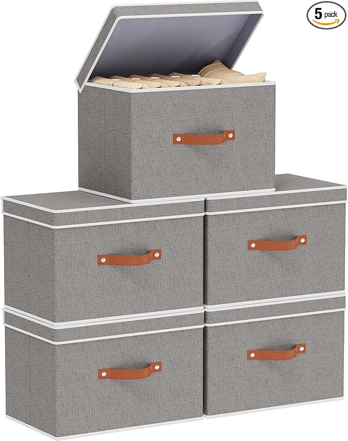 Collapsible Storage Bins with Lids, Linen Foldable Cloth Baskets, 17.7 x 11.8 x 11.8 Inch Closet Organizer Containers with Double Handles, Sweater Boxes for Bedroom, Grey, 5 Pack