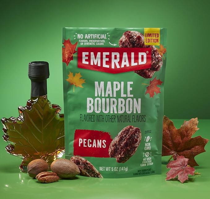 Emerald Maple Bourbon Pecans (1-Pack) | 5oz Resealable Bag | Kosher Dairy Certified, Non-GMO, Contains No Artificial Preservatives, Flavors or Synthetic Colors