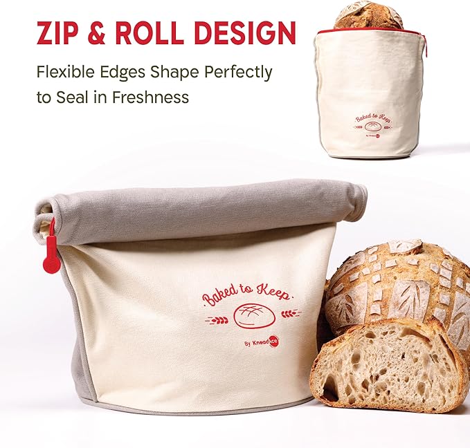 KNEADACE Reusable Bread Bags for Homemade Bread -Stylish Sourdough Bread Storage with Roll-Top Design, 100% Cotton & Food-Safe Lining, Freezer & Refrigerator Friendly, Gift for Bakers (Gray/Cream)