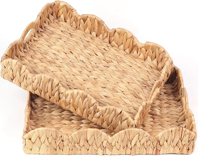 2Pcs - Scalloped Basket, Decorative Basket, Water Hyacinth Tray (17 x 13 x 3 inch - 2Pcs) with Scalloped Edge and Built-in Handles, Rectangle Serving/Woven/Basket/Seagrass Tray