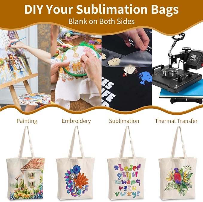 10 Pack Canvas Tote Bag with Zipper, Reusable Grocery Bags with Long Handle, DIY Heat Transfer Sublimation Blanks Shopping Bags for Advertising, Birthday, Thanksgiving, Christmas Craft Bags