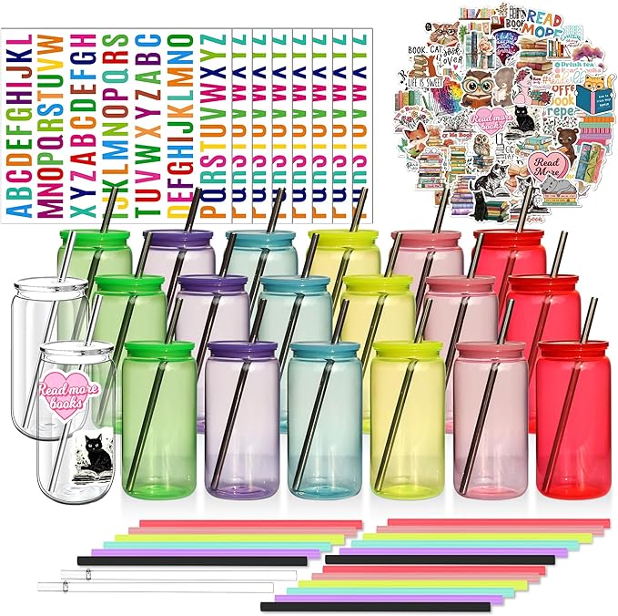 16oz Acrylic Mason Jars Cups, 20 Pack Can shaped Plastic Cups with Lids and Straws, Iced Coffee Cup Cute Drinking Glass Unbreakable Tumbler for Whiskey, Soda, Iced Tea, Colored