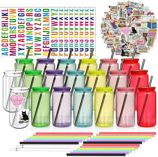 16oz Acrylic Mason Jars Cups, 20 Pack Can shaped Plastic Cups with Lids and Straws, Iced Coffee Cup Cute Drinking Glass Unbreakable Tumbler for Whiskey, Soda, Iced Tea, Colored