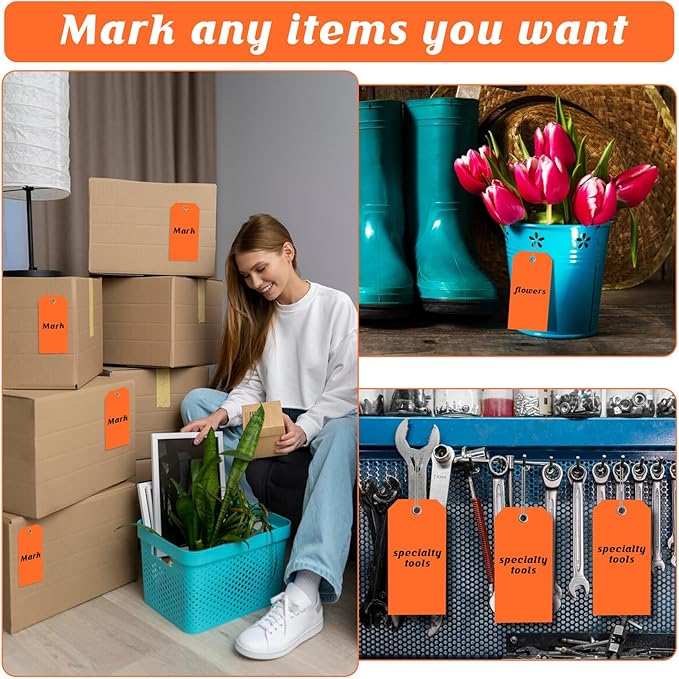 200 PCS 4 3/4" x 2 3/8" Neon Color Shipping Tags with Wire Paper Heavy Duty Hang Tags with Reinforcement Holes Writable Luggage Tag with String Durable Marking Tags (Neon Orange, 4 3/4" x 2 3/8")