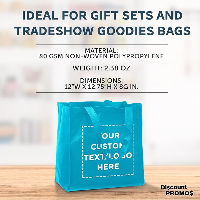 DISCOUNT PROMOS Custom Reusable Cloth Grocery Shopping Tote Bags Set of 10/50/100, Personalized Bulk Pack - Foldable, Washable, Shopper Bag - Sky Blue
