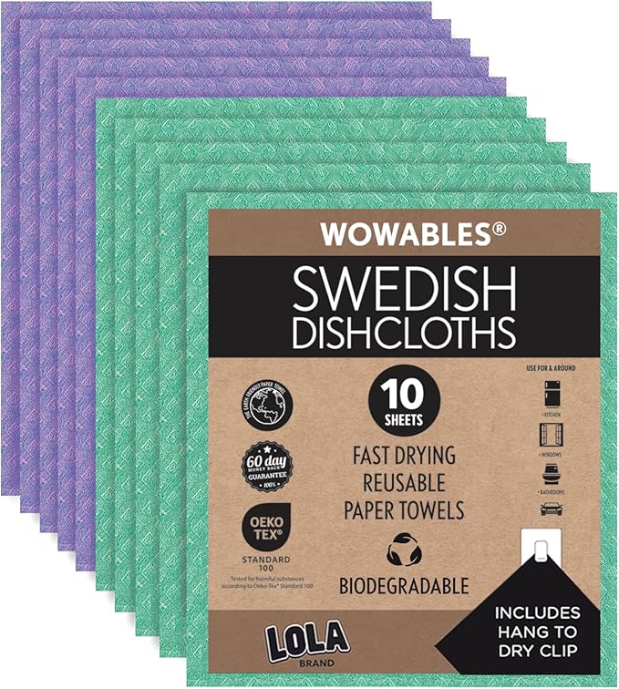 LOLA Swedish Dishcloths, 10 Sheets Biodegradable Reusable Paper Towels Absorbent Kitchen Sponge Cloths Zero Waste No Odor, Made in Germany