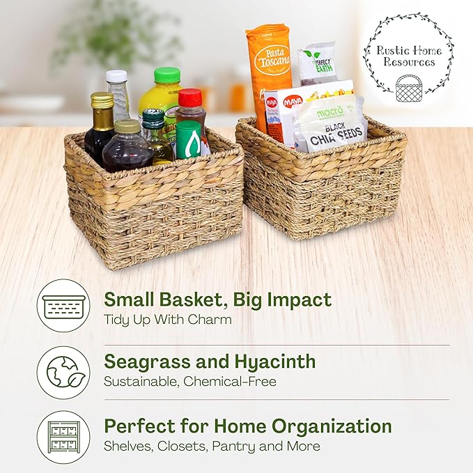Small Wicker Baskets for Storage 2-Pack, Natural, Woven Baskets for Organizing Living Room, Pantry Baskets, Shelves, Wicker Basket Decorative - Small Size - 8x7x5.5 inches