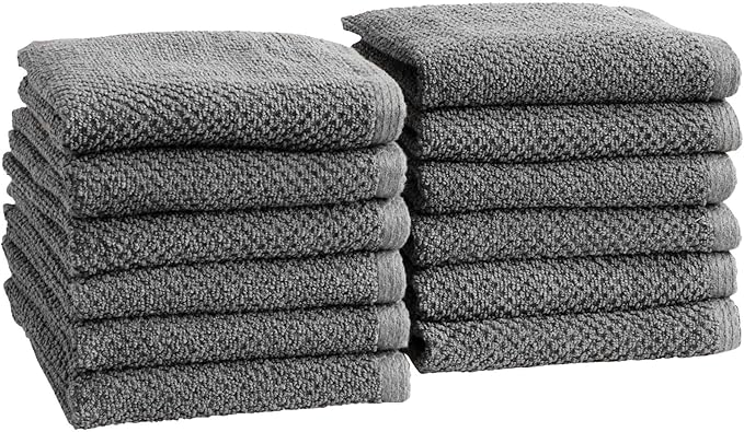 Great Bay Home Grey Washcloth- 100% Cotton 12-Pack 13x13 Wash Cloth - Absorbent, Quick-Drying, Durable Face Towels for Bathroom Decor - Low-Twist, Two-Ply Fibers (Dark Grey)