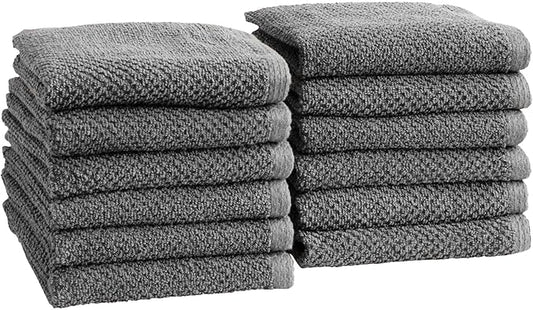 Great Bay Home Grey Washcloth- 100% Cotton 12-Pack 13x13 Wash Cloth - Absorbent, Quick-Drying, Durable Face Towels for Bathroom Decor - Low-Twist, Two-Ply Fibers (Dark Grey)