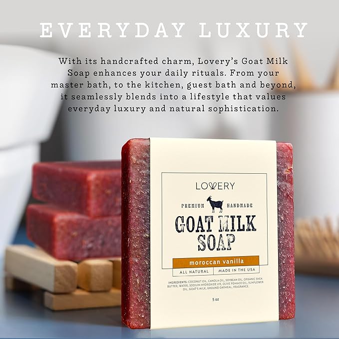 LOVERY (3-Pack Goat Milk Soap Handmade Made in USA with Organic Shea Butter Moroccan Vanilla Scent - Goats Soap Bar, All Natural Soap Bar Made with Organic Goat Milk, 3 Pack, Net 15oz.