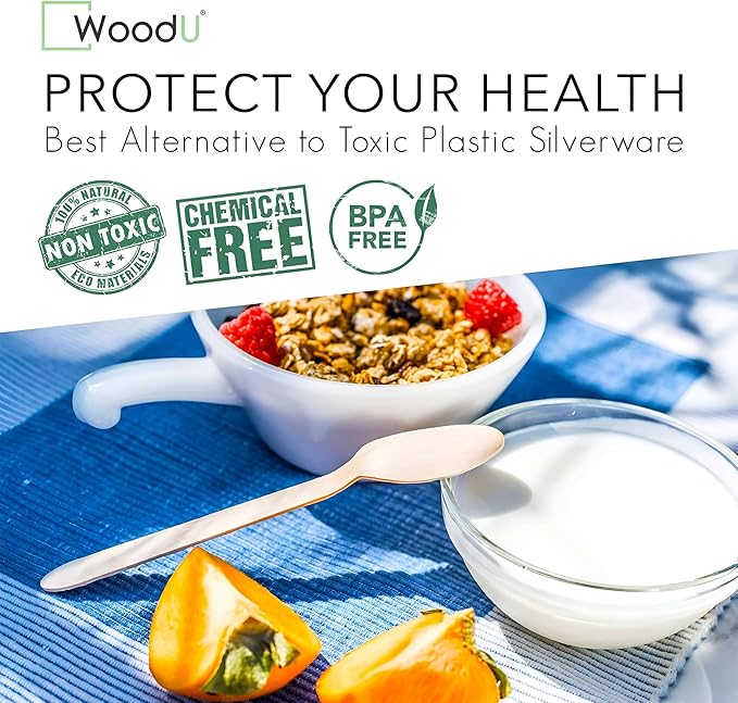 Disposable Wooden spoon by WoodU | 100% All-Natural, Eco-Friendly, Biodegradable, and Compostable - Pack of 100-6.5" best wooden spoons for eating