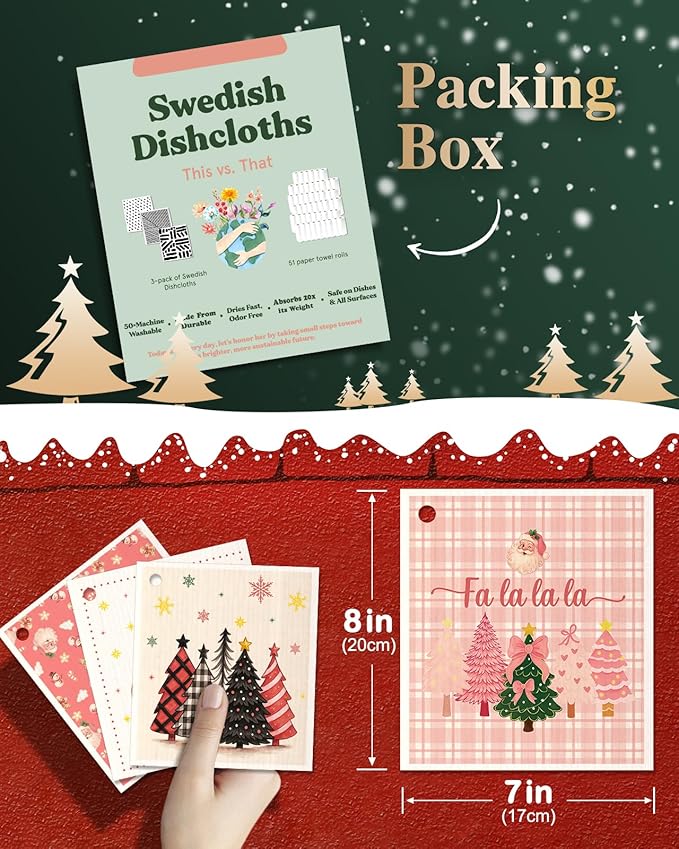 Christmas Swedish Dishcloths for Kitchen - 5 Pack Reusable Dish Cloths for Washing Dishes Absorbent Cute Winter Theme Kitchen Towels Cleaning Sponge, Pk Xmas Theme
