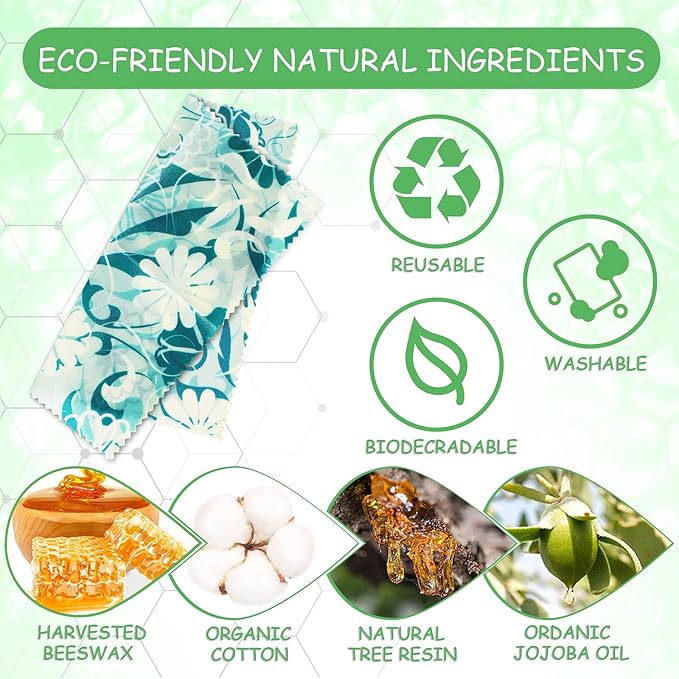 Reusable Beeswax Wrap, 4 Pack Eco-Friendly Beeswax Wraps For Food, Organic, Sustainable, Biodegradable, Zero Waste, Plastic-Free Food Storage (Flowers and Leaves)