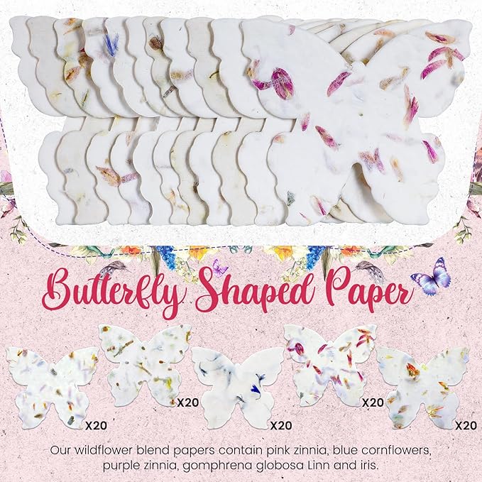 200 Pcs Handmade Seed Paper Plantable Wildflower Seed Paper Recycled Flower Petals Tags Wedding Favors for Guests Craft Gifts Cards for Envelope Birthday Party, 5 Styles (Heart/Butterfly)