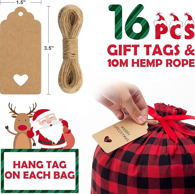 16 PCS Christmas Drawstring Gift Bags with Tags, Buffalo Plaid Large Xmas Gift Bags Assorted Sizes Bulk, Cotton Fabric Holiday Gift Bag Jumbo Medium Small Xmas Wrapping Bag for Presents Party Favors