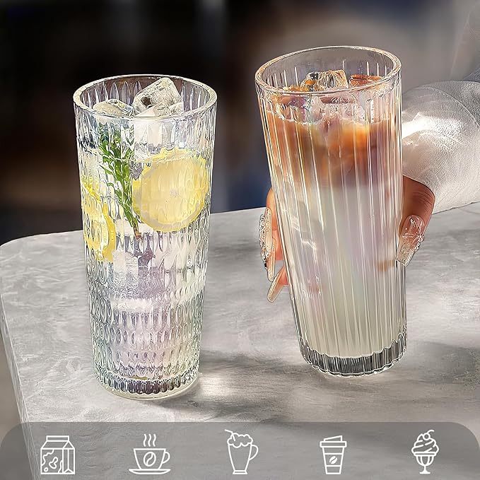 Puraville 18oz Glass Cup with Lid and Straw, Vintage Ribbed Striped Thickened Glassware for Whiskey Cocktail Beer, Mason Jar Drinking Glasses Tumbler Iced Coffee Cup, Rainbow