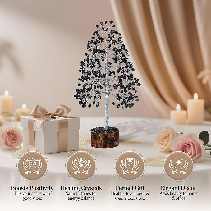 FashionZAADI Black Tourmaline Crystal Bonsai Tree for Positive Energy - Reiki Protection Crystals - Tree of Life Decor - Desk Accessories Aesthetic