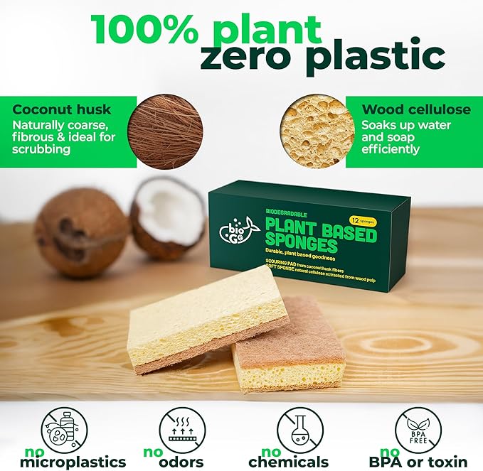 bioGo 12 Pack Natural Biodegradable Kitchen Sponges - Eco-Friendly, Compostable, Cellulose Dish - Compostable - Biodegradable - Cellulose Sponge