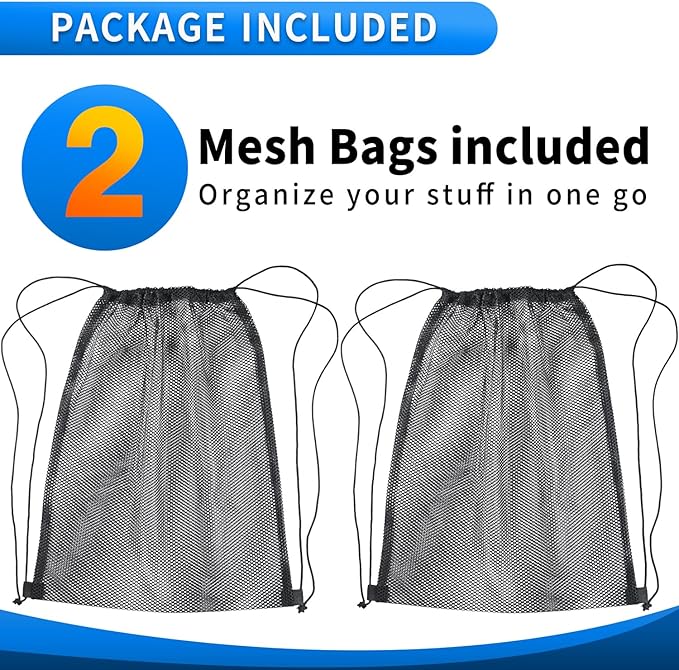 2 Pcs Mesh Drawstring Bag 16 x 20 Inch Heavy Duty Nylon Net Bags, Durable Mesh Backpack for Gym Hiking Swimming Soccer Ball Basketball Beach Toys Laundry Mushroom Foraging Etc (Black)