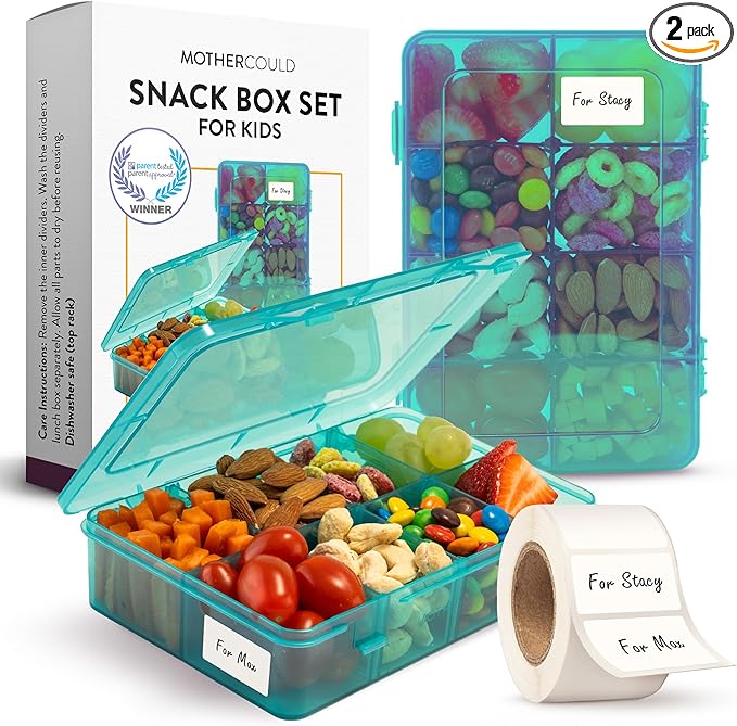 Snack Box Containers Set of 2-Reusable,100 Dissolvable Labels, 8 Adjustable Compartments, Dishwasher Safe, BPA-Free, Meal Prep Container, PARENT TESTED PARENT APPROVED AWARD (2 Pack) (Blue)
