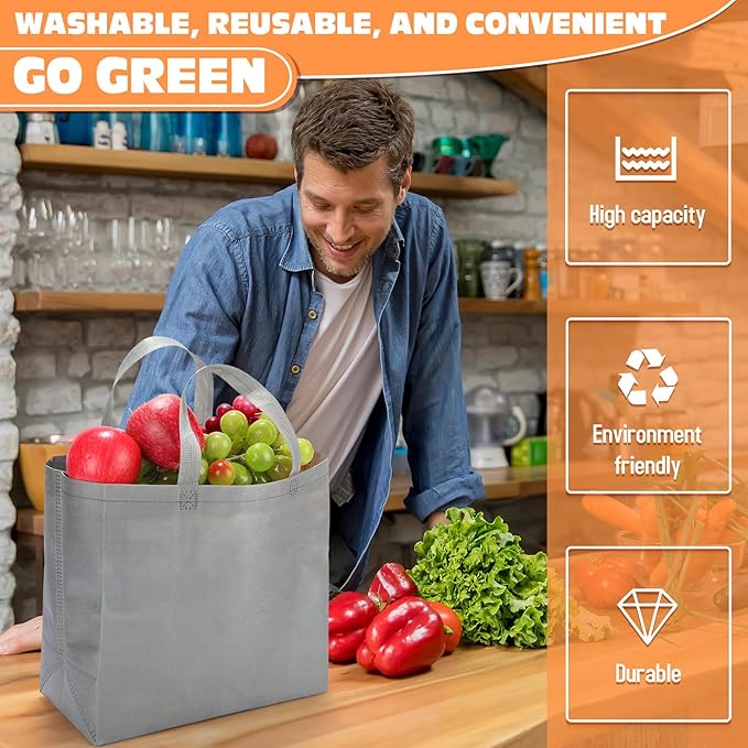 Windyun Reusable Grocery Bags Large Non Woven Shopping Bags with Handles Foldable Portable Tote Bulk, 12.6 x 11.8 x 6.3 Inch