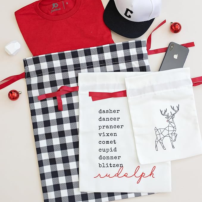 Gather & Knot Drawstring Christmas Gift Bags | 20" Large 16" Medium |Reusable Reindeer Fabric Gift Wrap for Holidays | Mix & Match Set