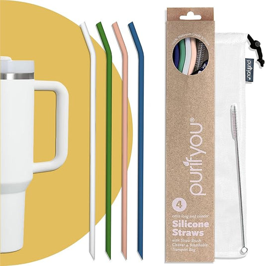 purifyou 14in Platinum Silicone Straws, Extra Long & Slender for Stanley Cups, Tumblers & More, Soft Reusable Straws with Breathable Transport Case, Cleaning Brush, Convenient, Durable (Set of 4)