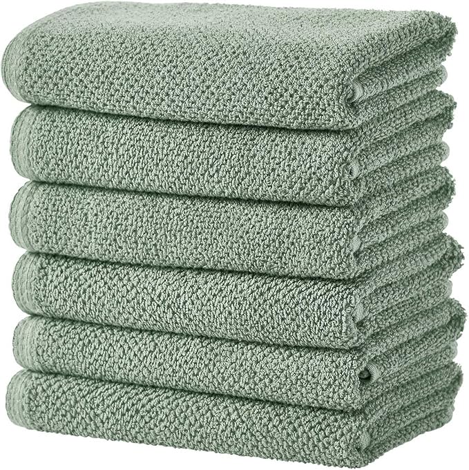 Great Bay Home Green Hand Towel Set – 100% Cotton 6-Pack 26"x16", Absorbent & Quick-Drying, Soft & Durable