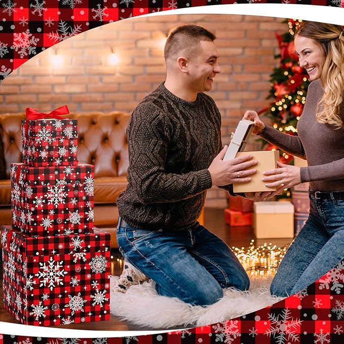 3 Pcs Christmas Nesting Gift Boxes Buffalo Plaid Xmas Stackable Boxes Black Red Decorative Xmas Nested Present Boxes with Lids and Ribbon for New Year Birthday Party Gift(Snowflake)