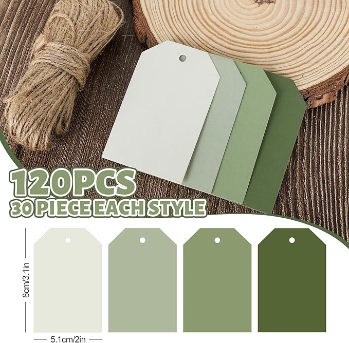 Whaline 120Pcs Sage Green Paper Gift Tags Gradient Green Hanging Labels with Hemp Ropes 4 Colors Blank Paper Tags for Wedding Birthday Holiday DIY Art Craft Supplies, 3 x 2 Inch