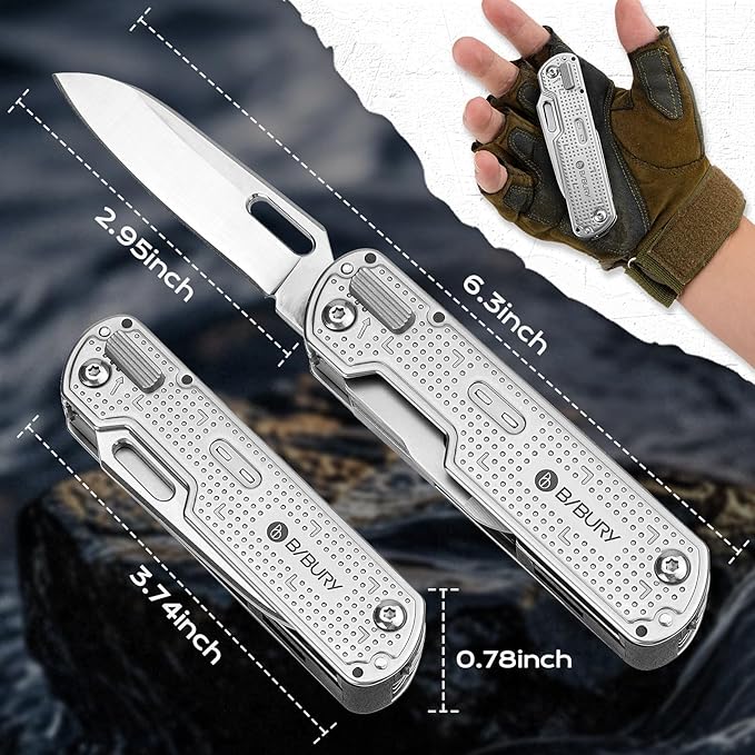 BIBURY Multitool Pocket Knife BI2056, Stainless Steel Multi Tool Knife with Clip, Folding Multitool EDC Knife with Magnetic Locking,Screwdriver,Large Scissors,Glass Breaker for Survival Camping Hiking