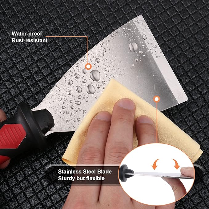 HAUTMEC 4pc Putty Knife Set, Paint Scraper, Flat Heavy Duty Stainless Steel Blade and Hammer End for Removing Wallpaper for Puttying Plaster, Cement