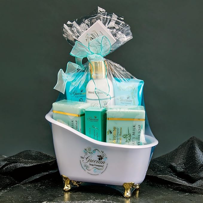 The Grecian Soap Company Deluxe Bathtub Gift Set, 6pcs Goat Milk & Olive Oil Skin Care Set, Birthday Gifts for Women, Bridal Shower Gifts, Gifts for Mom, Island Citrus Scent, Handmade in the USA