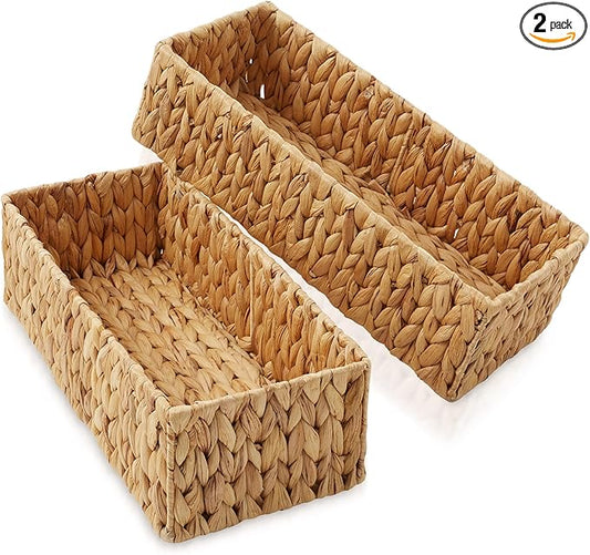 Casafield Set of 2 Bathroom Storage Baskets, Natural - Water Hyacinth, 16" W x 6.75" D x 4.25" H, Woven Toilet Tank Topper Bins for Organizing Tissues, Toilet Paper, Toiletries, Shelves