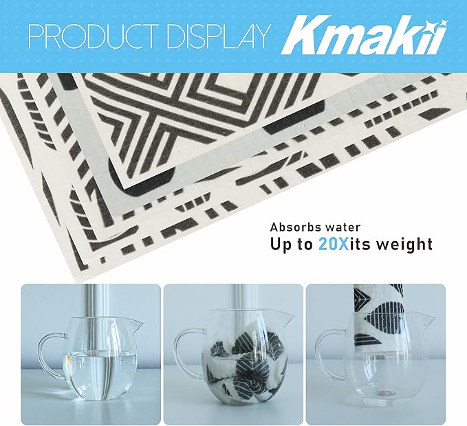 KMAKII Swedish Dishcloths Reusable, Absorbent, Quick-Drying Sponge Cloths for Kitchen and Counter Cleaning, Reusable Dish Towels and Dish Cloths, Black & White, Pack of 5 Pcs