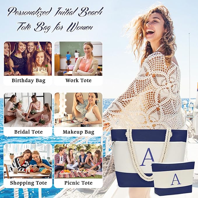 YOOLIFE Christmas Gifts for Women - Personalized Initial Canvas Beach Bags for Women Gifts for Mom Teacher Friend Birthday