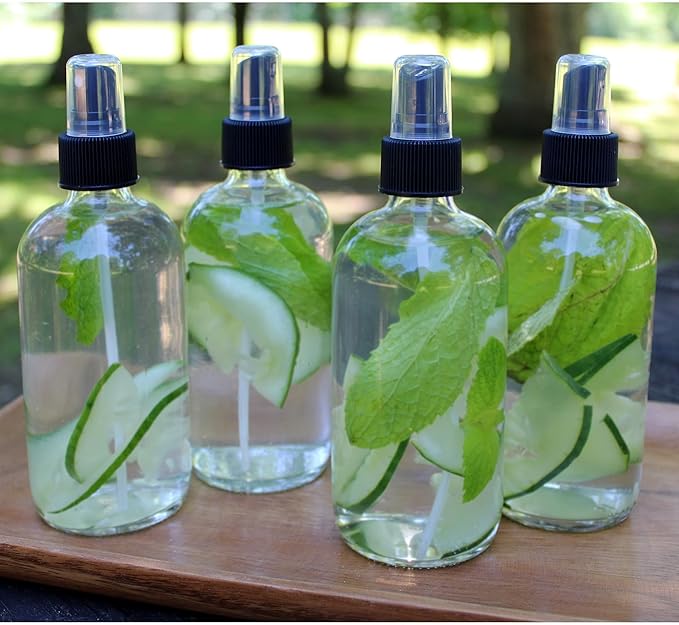 Cornucopia Brands 8-Ounce Clear Glass Fine Mist Spray Bottles (Pack of 4) Boston Round w/Atomizer Spritzers for Aromatherapy Perfume, Cologne, DIY & More