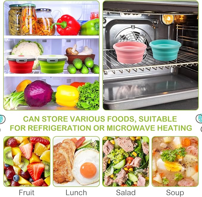 Suclain 4 Pcs Collapsible Bowls with Lids Silicone Camping Food Storage Container Expandable Folding Salad Lunch Box Travel Container for Hiking Camping(Red, Pink, Blue, Green,17 oz)