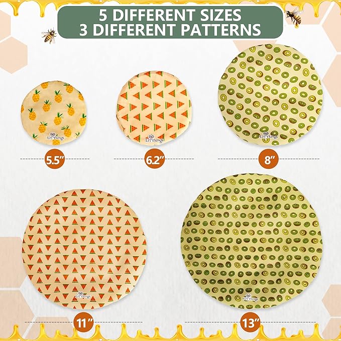 Li’l Things Beeswax Bowl Covers – Reusable Wraps Set of 5 | Organic Cotton, Beeswax & Jojoba | Eco-Friendly, Washable Lids for Bread Proofing, Jars, Pet Food (XS–XL) -Fruity Fruit