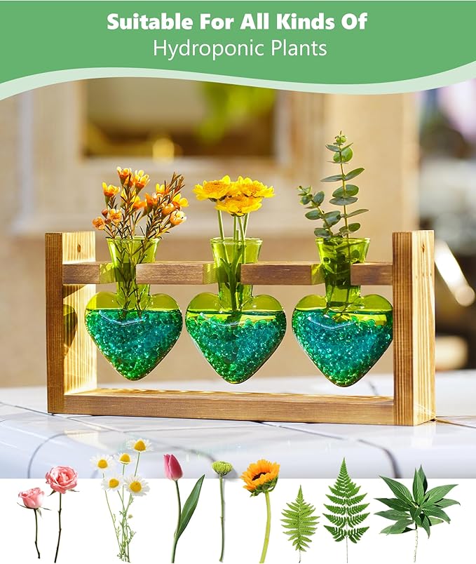 Nacome Plant Terrarium Propagation Stations: Air Planter 3 Bulb Glass Heart Shaped Vase with Wooden Stand for Hydroponics Home Office Decor - Christmas Gifts for Plant Lovers Women Mom Wife(Green)